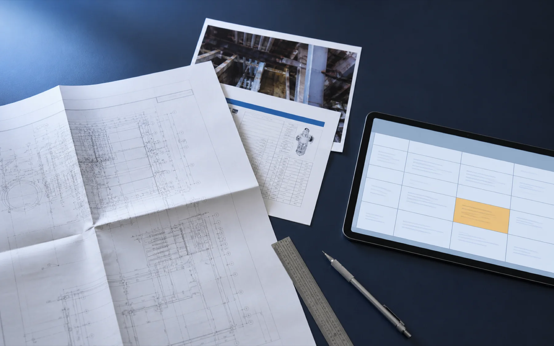 Prancha técnica, datasheet e tabela de conferência em uma mesa de engenharia